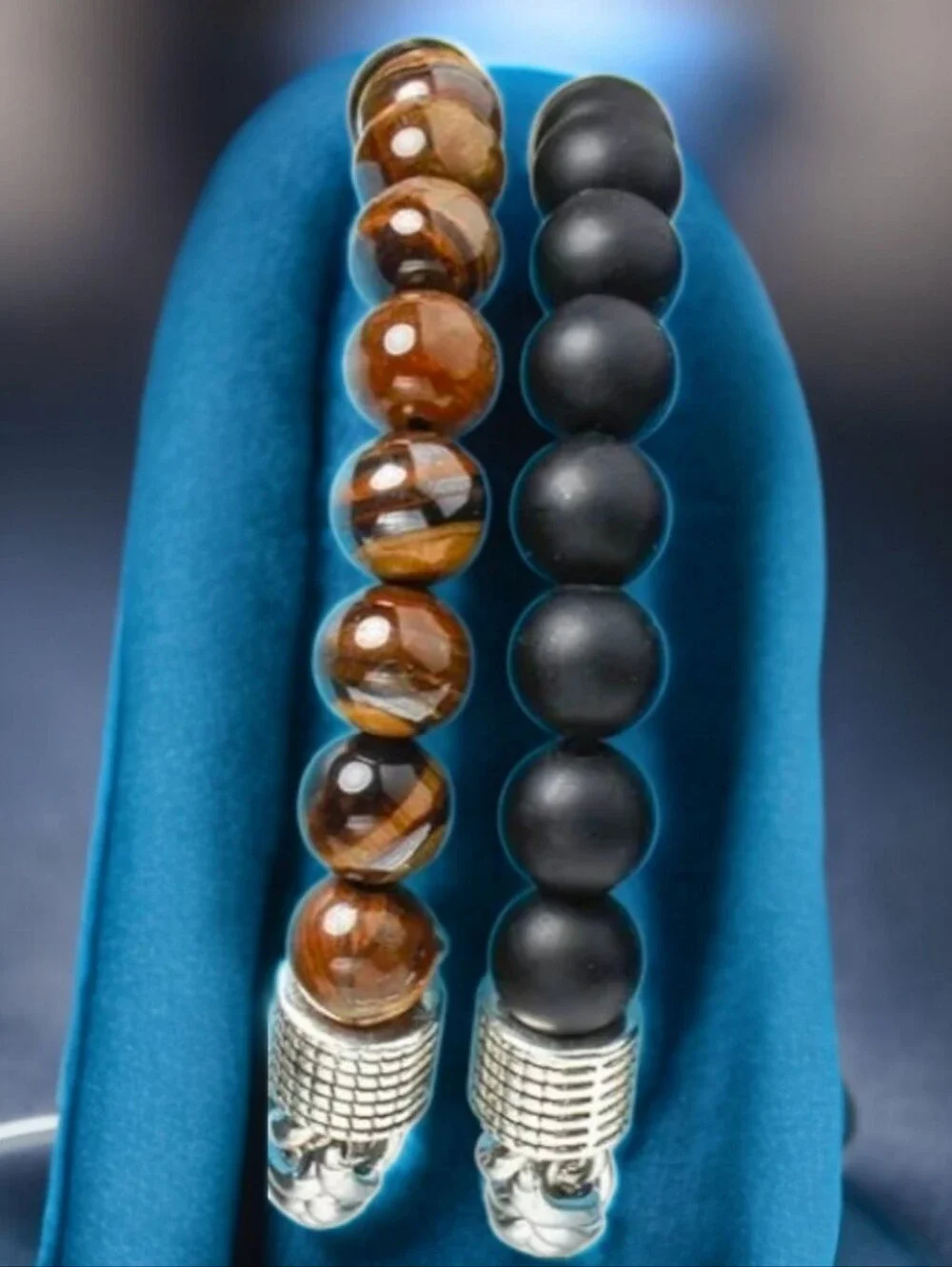 Matte Black or Tiger Eye Stone  & Silver Chain Bracelet